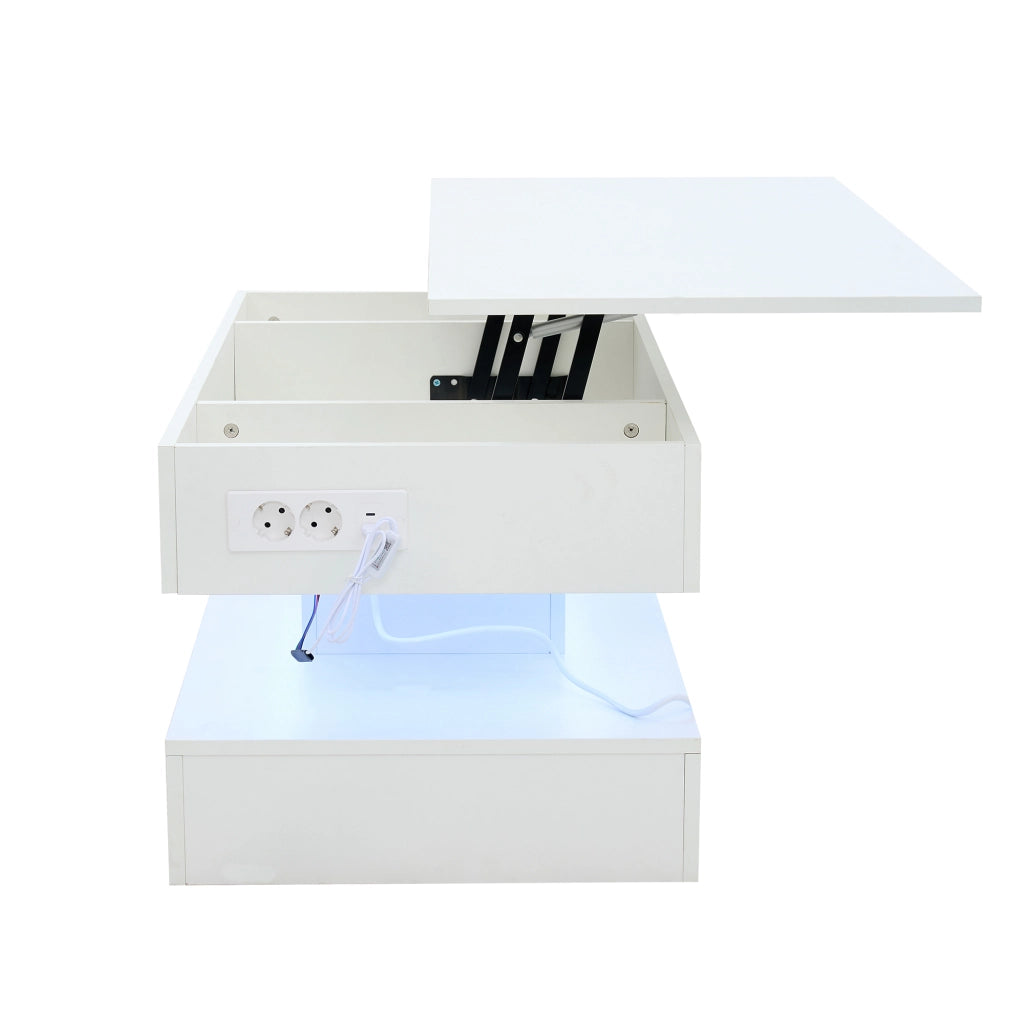 Tavolino da caffè alzabile con vano nascosto e LED - per soggiorno - 100×50×42 cm - bianco
