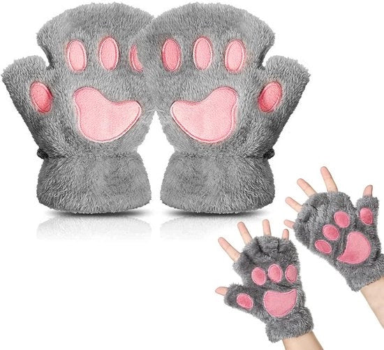 Manopole senza dita per donne - guanti a forma di gatto - guanti caldi per inverno - cosplay - 18x13x3cm - grigio