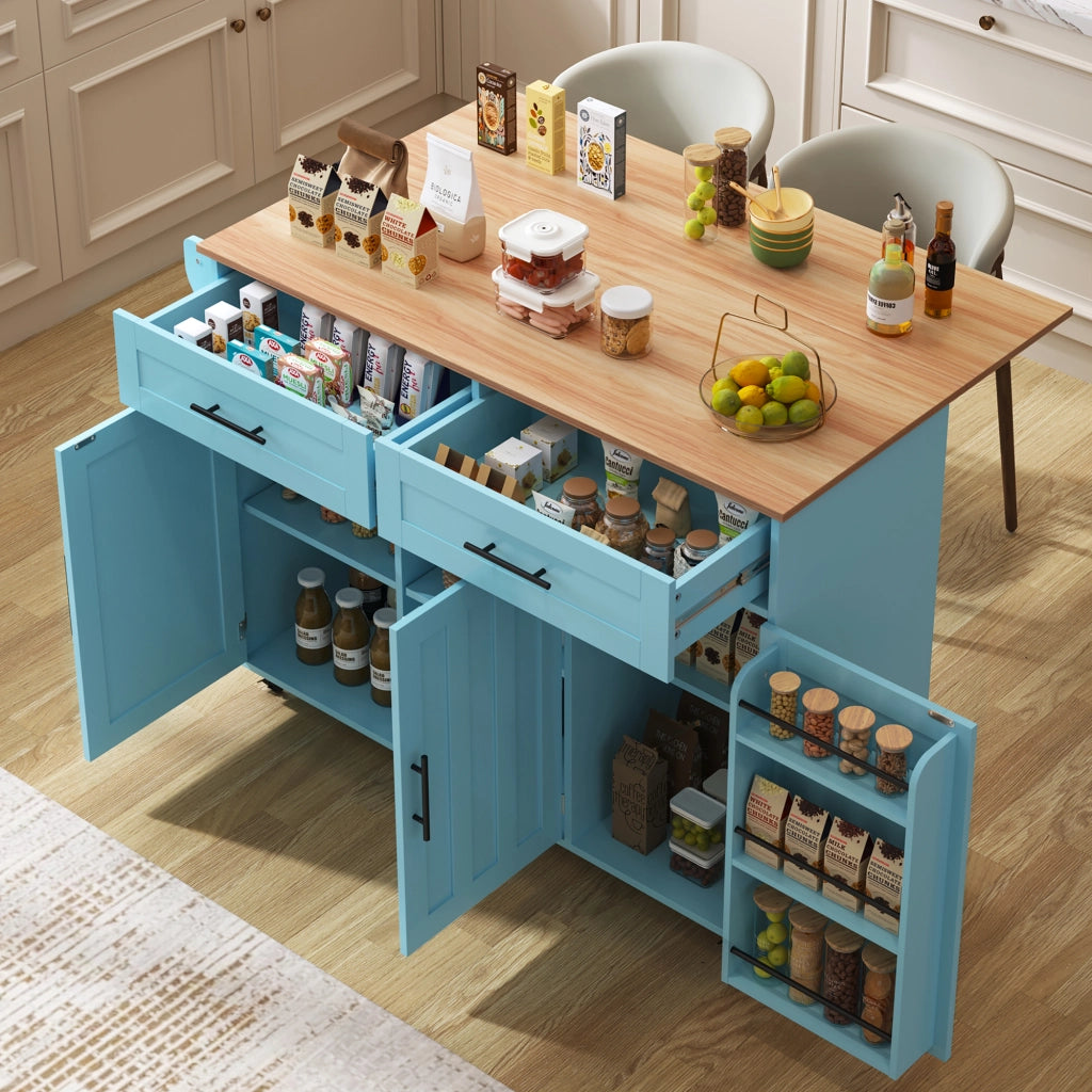 Carrello da cucina con piano pieghevole, 129x71x91,5 cm, blu, con cassetti, ripiani regolabili e ruote