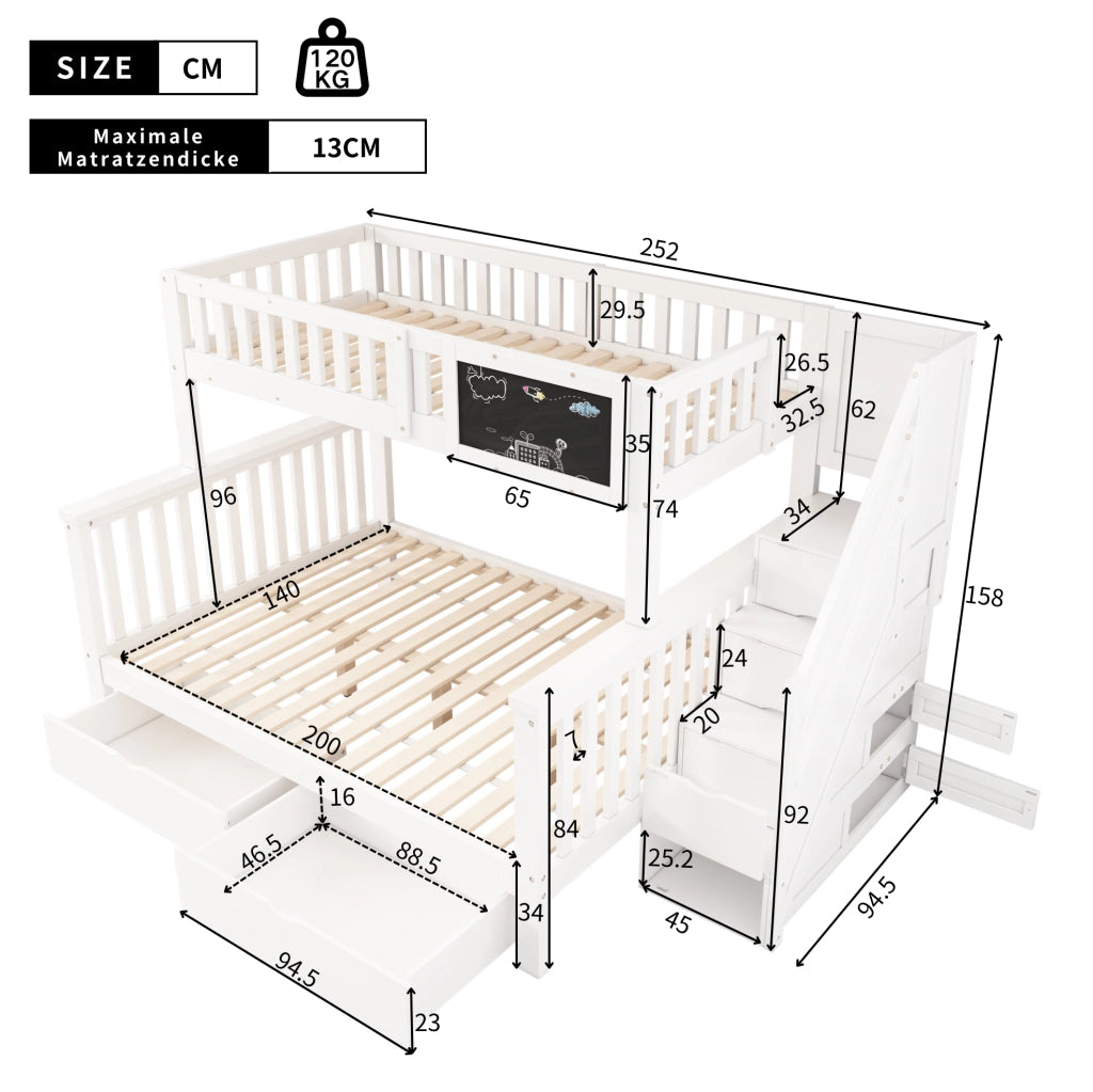 Letto a castello bianco 90x200+140x200 con lavagna e cassetti
