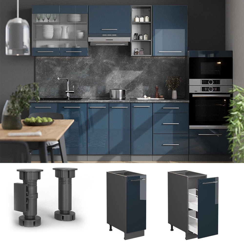 Armadio cucina dispensa alto Fame-Line Blu scuro lucido/Antracite 30 cm senza piano di lavoro Vicco