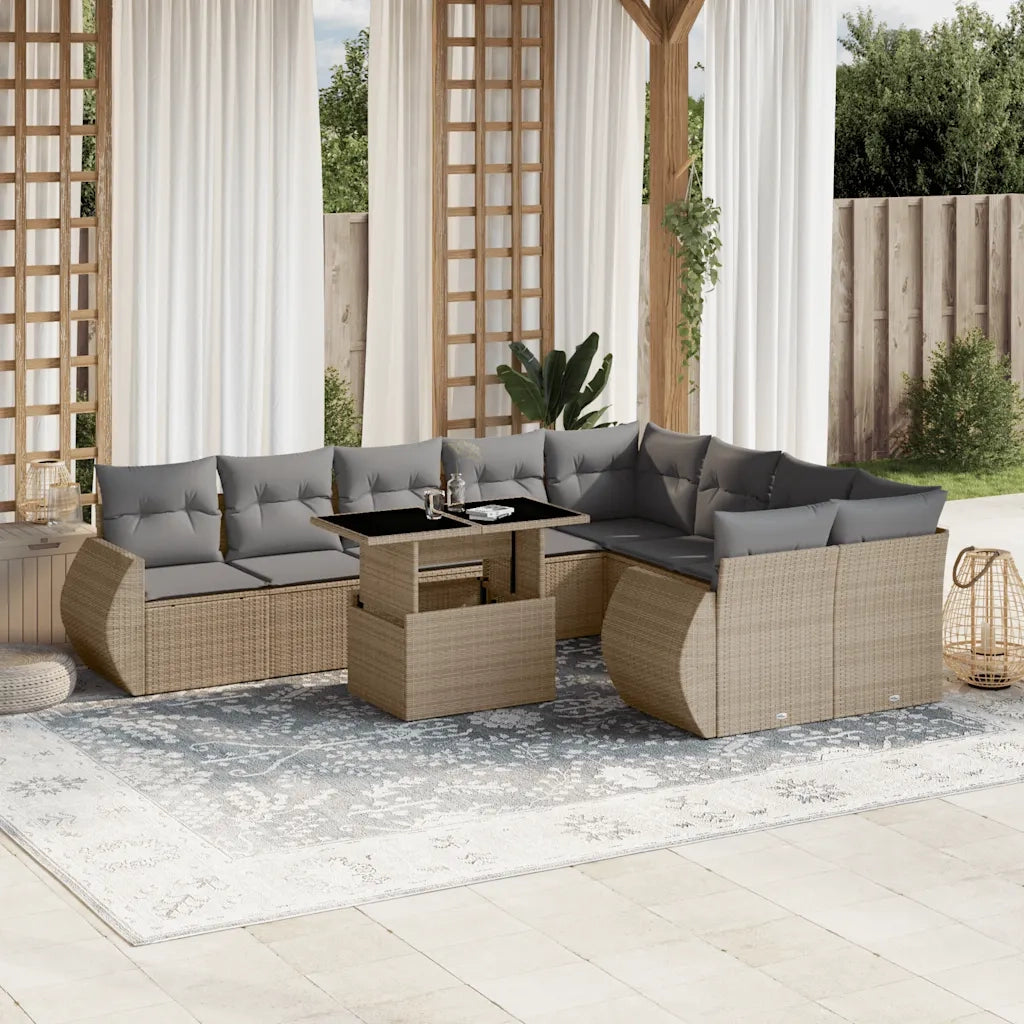 Set Divano da Giardino 10 pz con Cuscini Beige in Polyrattan