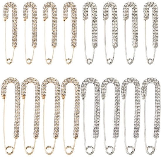 Set di Spille di Sicurezza 16 Pezzi - Broches Strass - Spille Decorative di Sicurezza - Lega - Maniglie Antiscivolo - 4 Stili - Broche