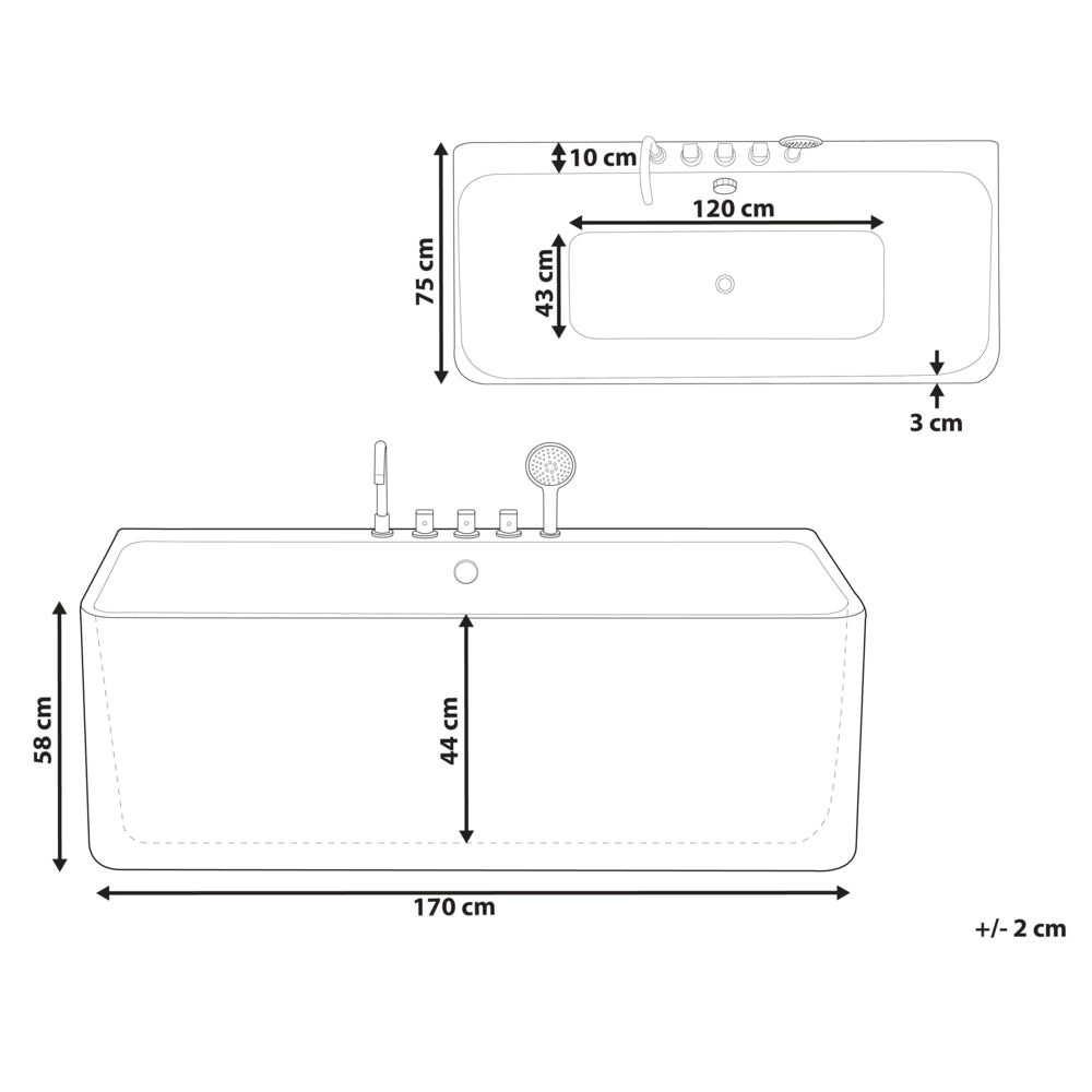 Vasca da bagno in acrilico bianco rettangolare 170 x 75 cm da appoggio a parete