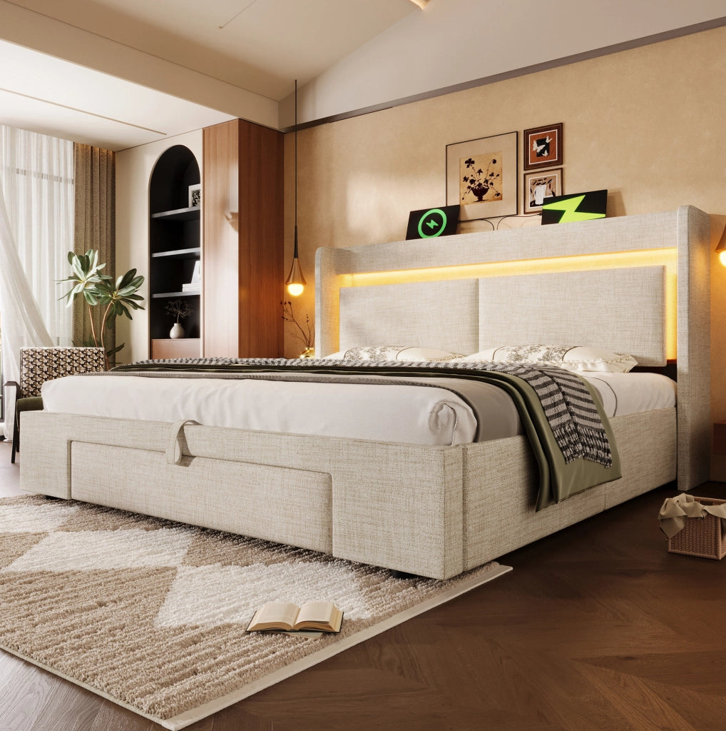 Letto imbottito 140x200 cm con contenitore idraulico; LED; USB e USB-C; beige