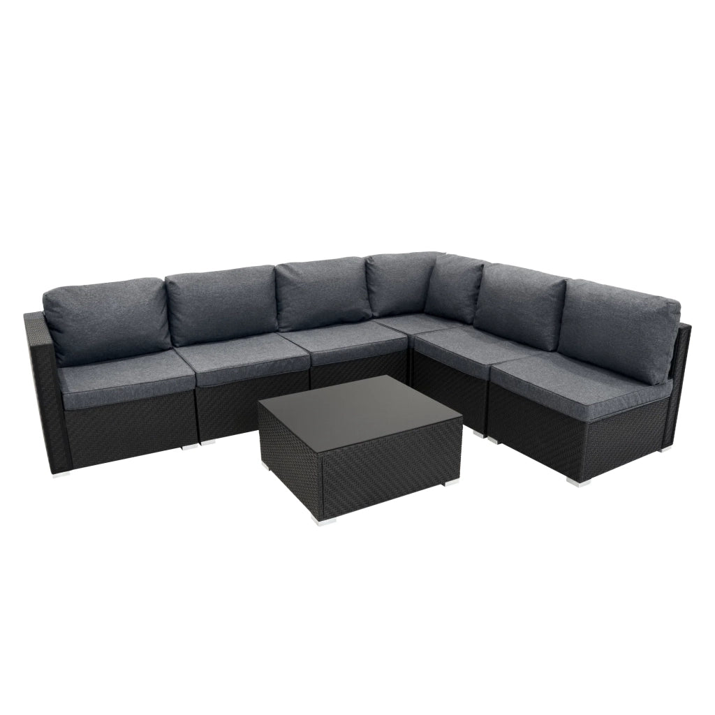 Set Divani Rattan Nero 7 Pezzi da Giardino con Cuscini e Tavolino