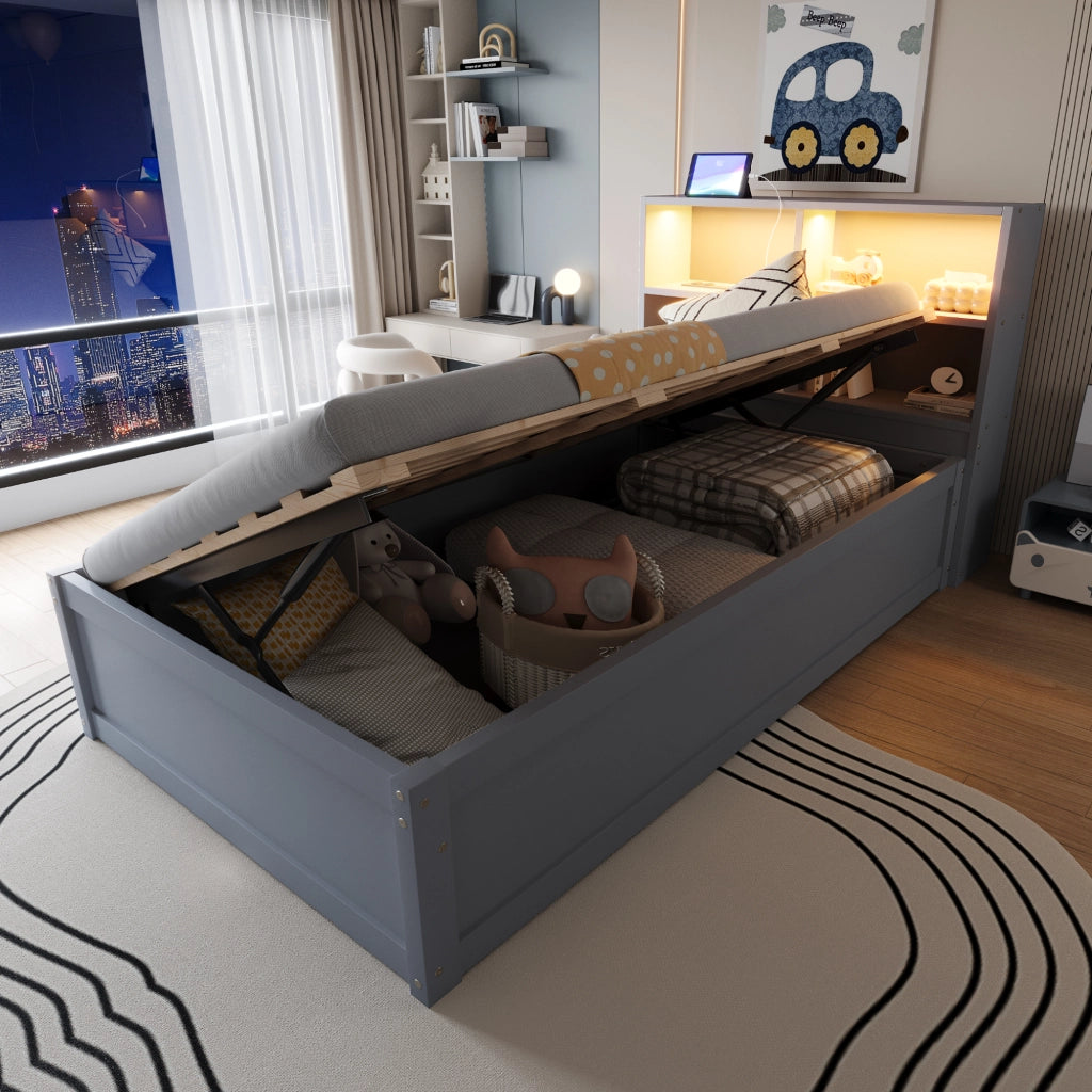 Letto matrimoniale con funzione divano e stoccaggio legno grigio 90x200 cm