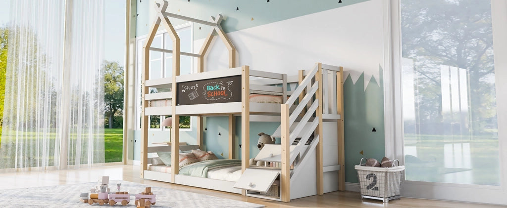 Letto a soppalco 90x200 cm con lavagna e scala contenitore in legno e MDF bianco