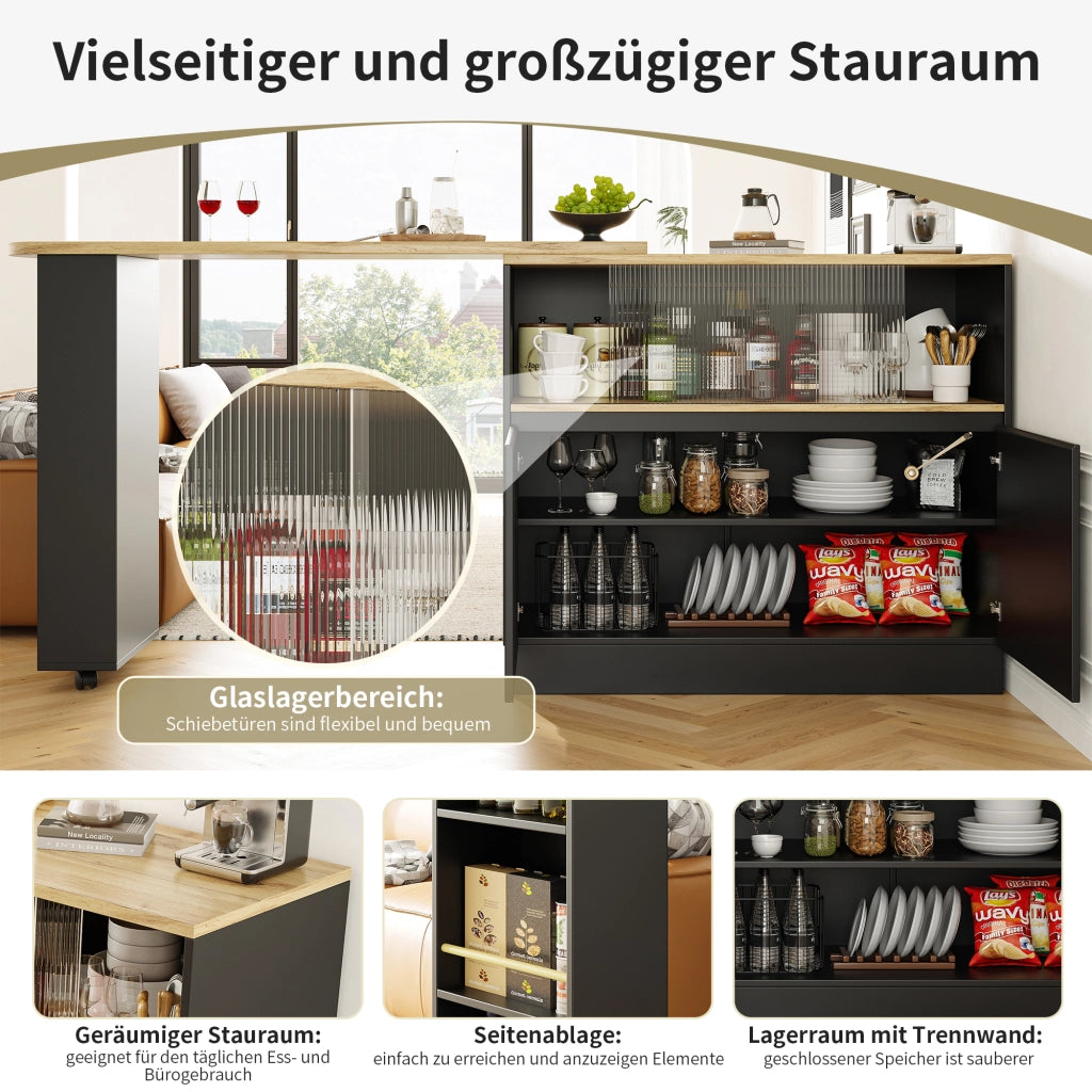 CREDENZA Girevole 360° 90x45x100 cm MDF Nero con porta scorrevole in vetro