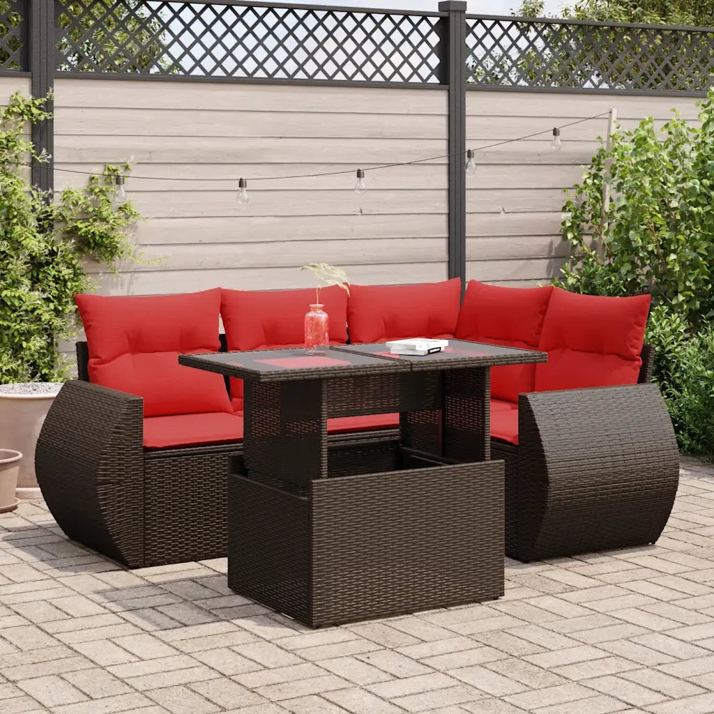 Set Divano da Giardino 5 pz Cuscini Marrone Polyrattan e Acacia 3326635