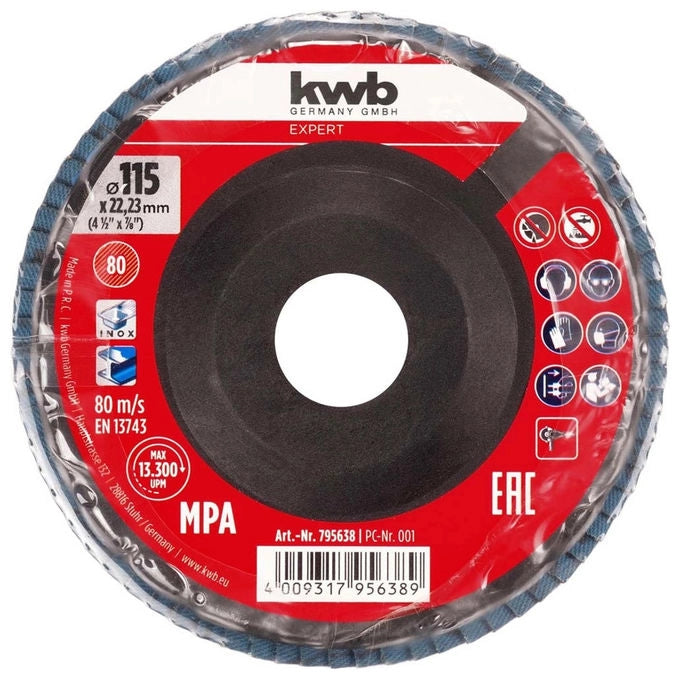 KWB disco lamellare smerigliatrice 115 mm, grana 80, zirconio, supporto in plastica, per metallo e acciaio, linea Expert