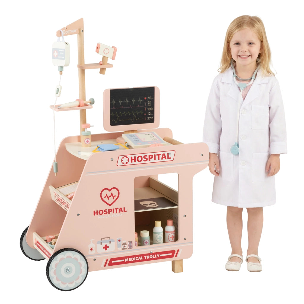 Set da gioco medico in legno per bambini con carrello e accessori, Stazione medica mobile per bambini 3+ anni Rosa