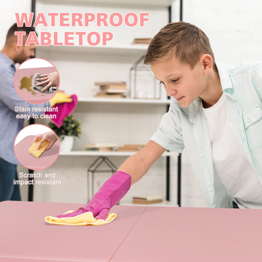 Tavolo pieghevole regolabile in altezza in plastica e ferro rosa per uso interno ed esterno 125 × 61 × 58-74 cm