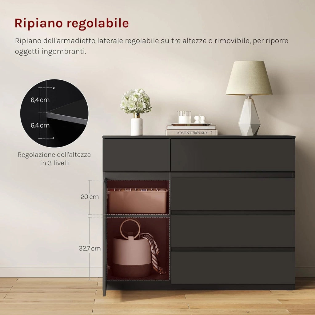 Cassettiera Camera da Letto, Mobiletto Salvaspazio con 5 Cassetti e 1 Armadietto, Ripiano Regolabile, per Soggiorno, Ingresso, 100x40x80 cm, Nero