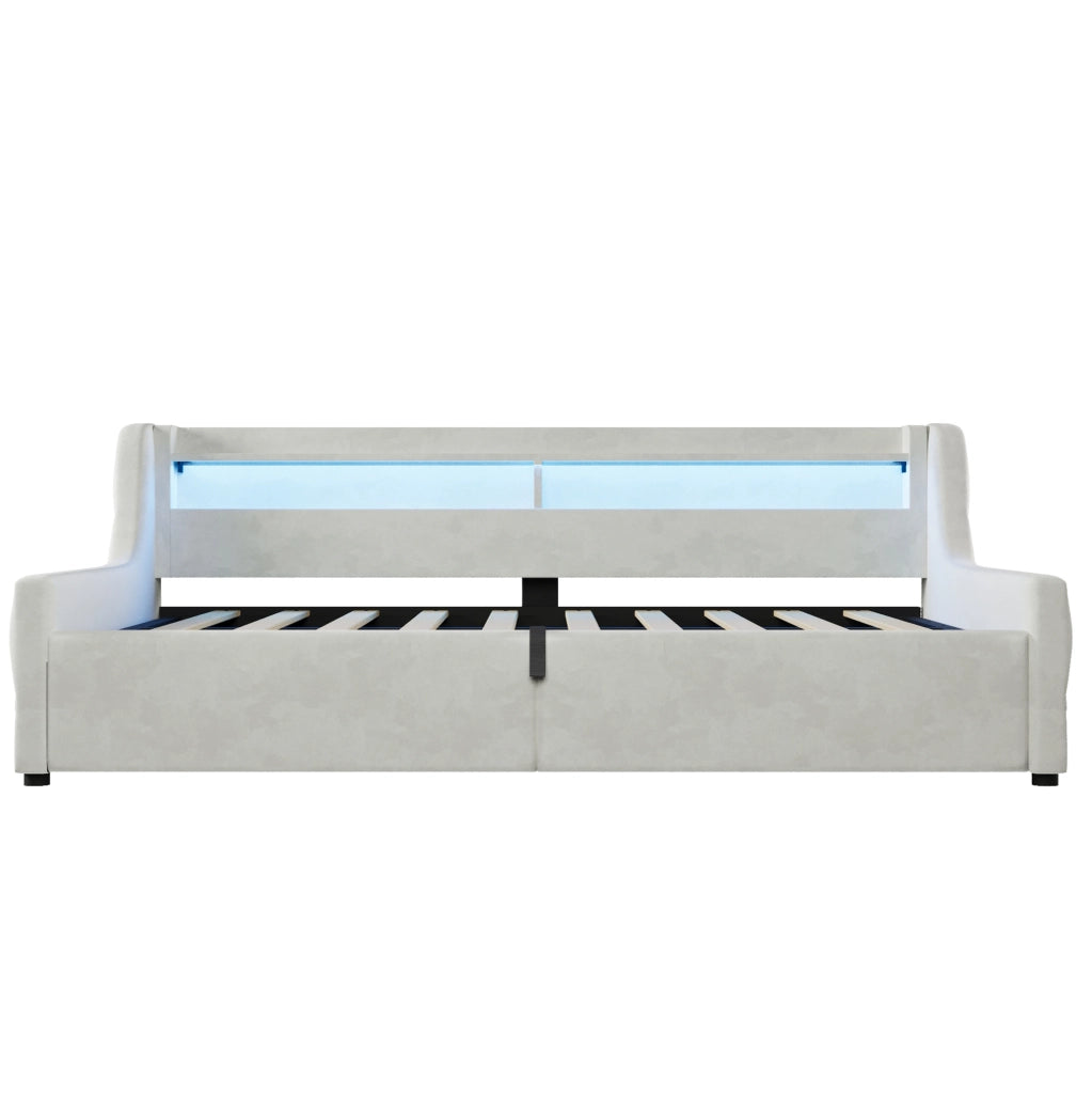 Letto imbottito 90x200 cm con contenitore idraulico e LED in flanella bianco sporco