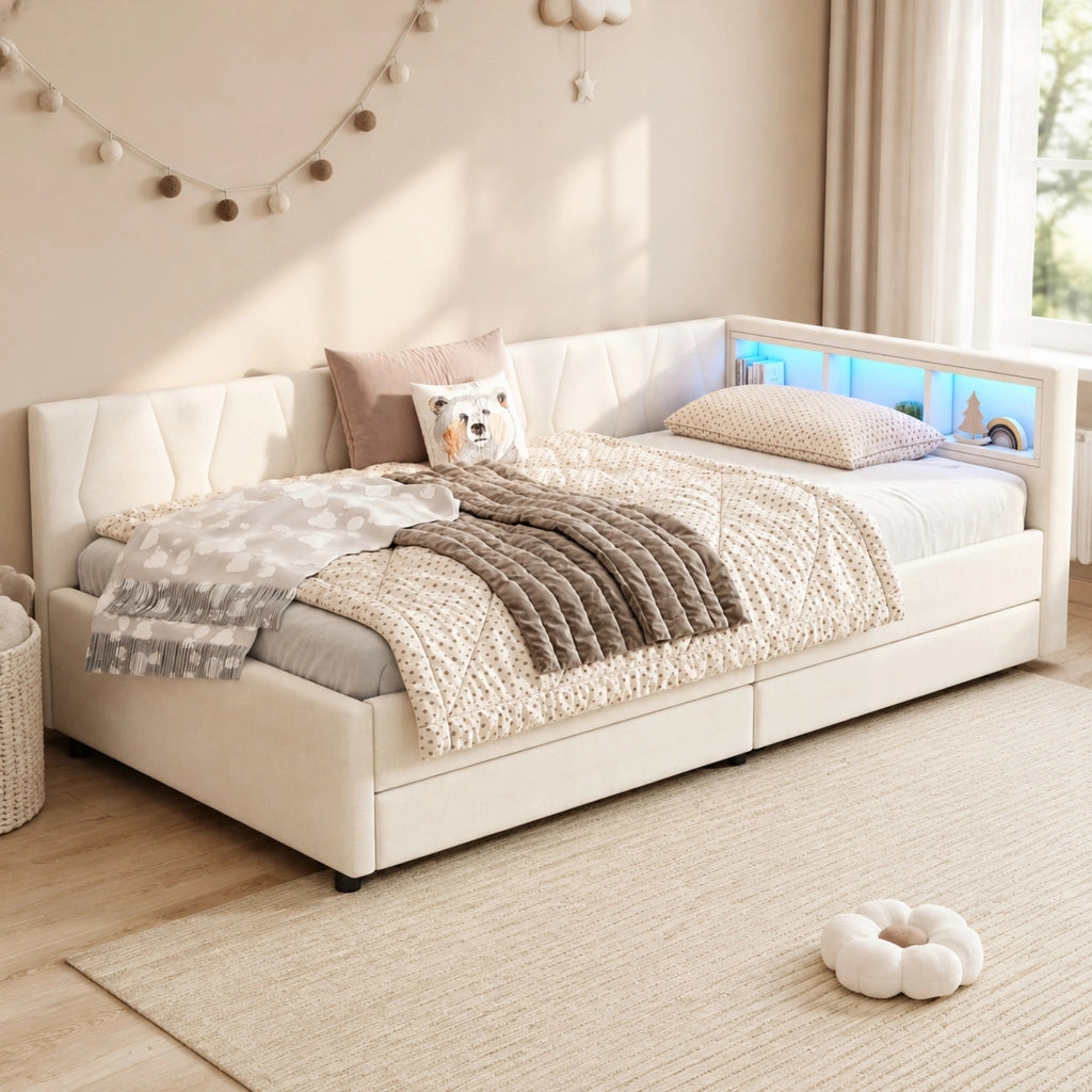 Letto daybed 90 x 200 cm in lino con LED, USB e cassetti