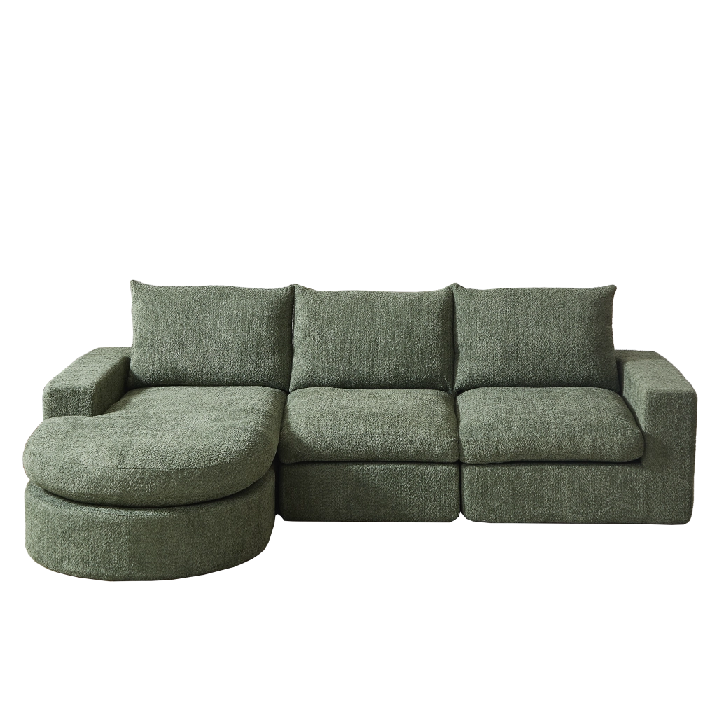 Divano angolare modulare con chaise longue reversibile e cuscini in ciniglia verde 251×160×81 cm