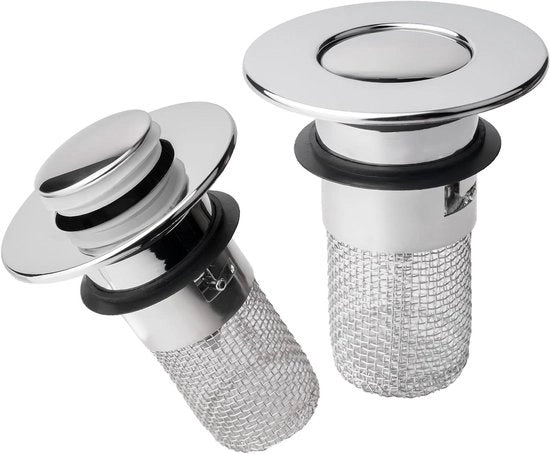 Set di due Filiere per Acqua per Bagno e Cucina in Acciaio Inox - Clip di Chiusura Pop-up Universale con Filtro - Adatto per Fognature da 30-40mm