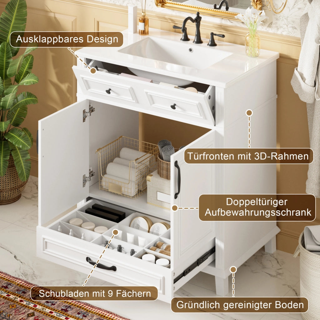 Mobile lavabo freestanding bianco MDF e ceramica 77x46x86 cm