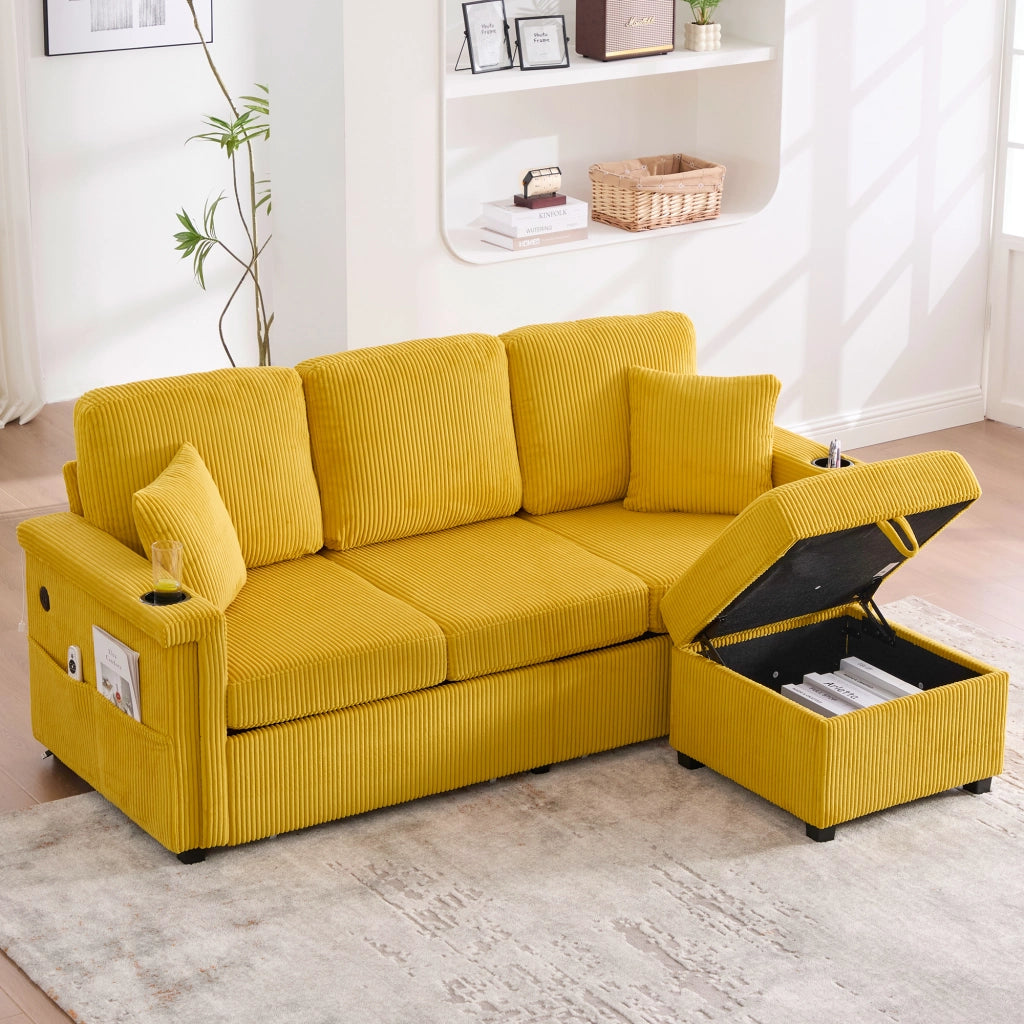 Divano Dritto 3 Posti con LED e USB/Type-C; Cassetti Contenitore; Portabicchieri; Tasche Laterali in Velluto a Coste Giallo Senape