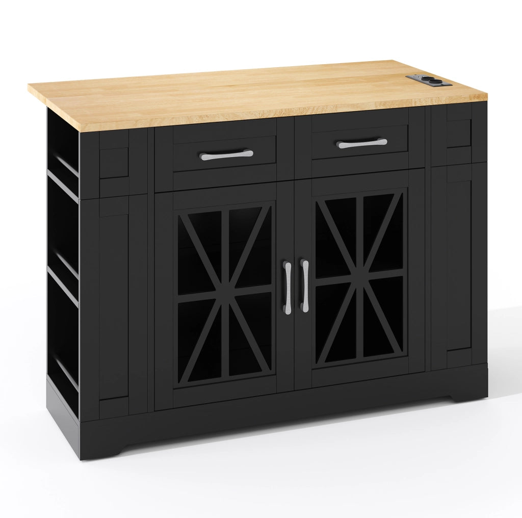 Isola da cucina su ruote con tavolo ribaltabile; prese AC e USB; 120 cm; MDF; nero e naturale