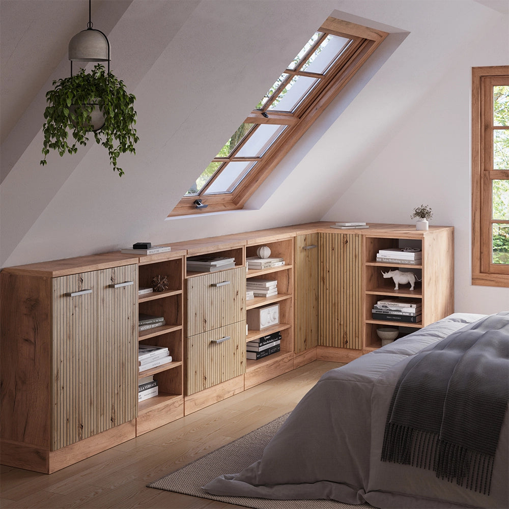 Mobile cucina angolare per sottotetto R-Line Rovere artigianale/Rovere dorato 75.6 cm con 1 porta, carcassa dell’armadio profondità 60 cm Vicco