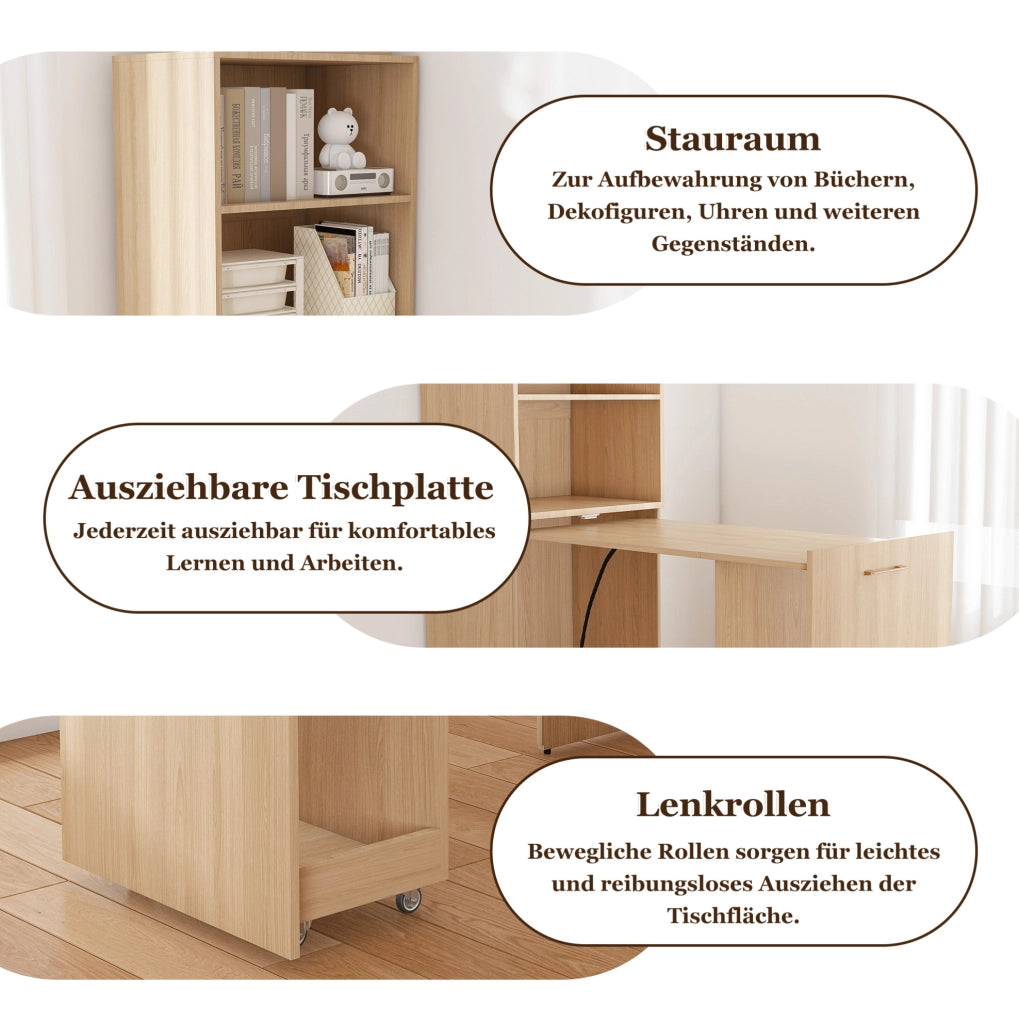 Scrivania estraibile con mobile contenitore in legno naturale