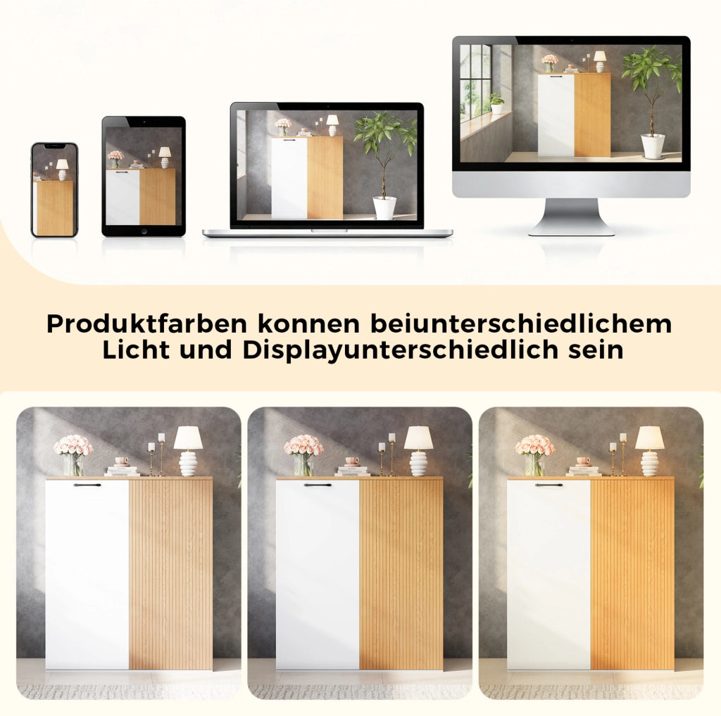 Mobile contenitore con ante e frontale a doghe; 80 x 40 x 110 cm; MDF bianco e rovere