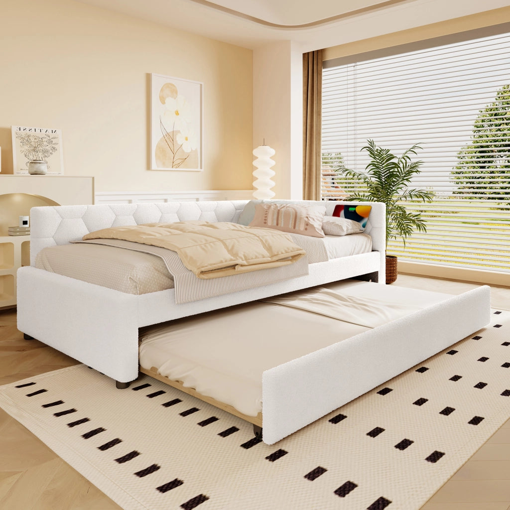 OKWISH Letto a Divano 90×200 cm, Letto Singolo con Letto Estraibile, USB, Tipo C e Lampada, senza Materasso, in Velluto, Bianco