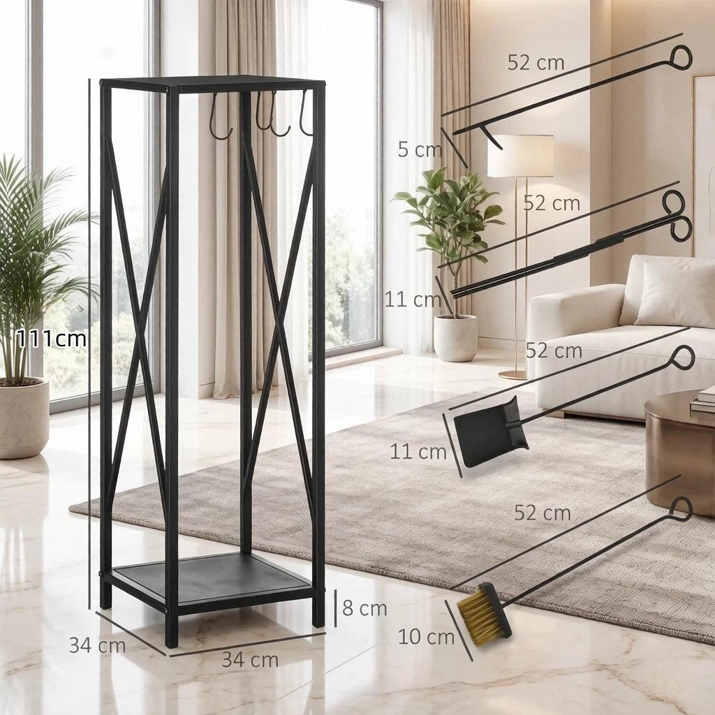 PORTA LEGNA DA CAMINO 34x34x111 cm Metallo Nero con 4 Accessori