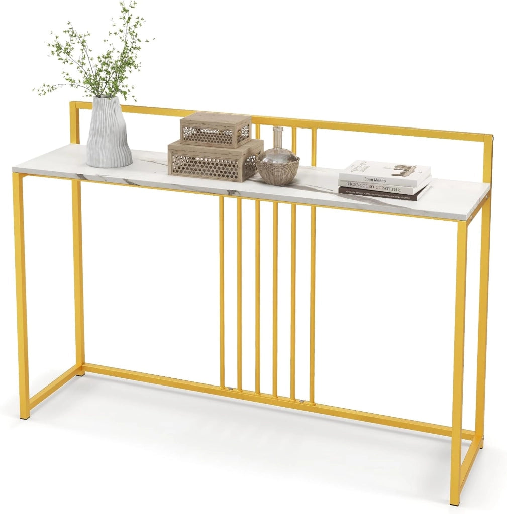 Consolle Ingresso, Mobile da Ingresso, Tavolo Alto e Stretto, Salvaspazio e Moderno, Con Struttura Metallica, Multiuso per Salotto e Corridoio, Portata 80 kg (Bianco)