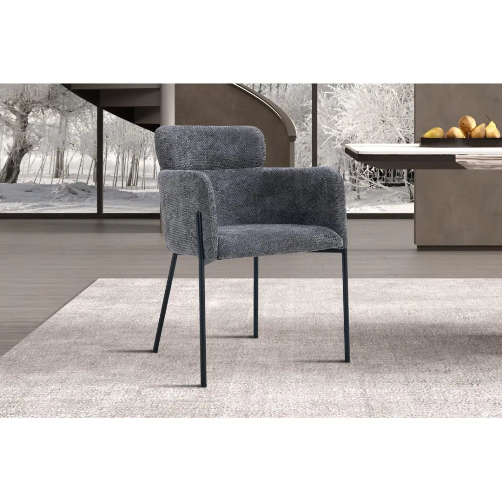 Sedia da pranzo CAMPBELL – Tessuto grigio – Braccioli – Piedi in metallo nero – Stile design / industriale