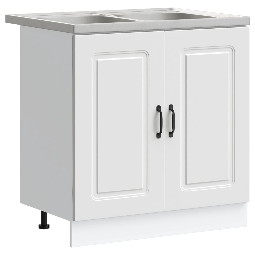 Armadio da cucina  "Kalmar" con doppi lavelli in legno ingegnerizzato bianco