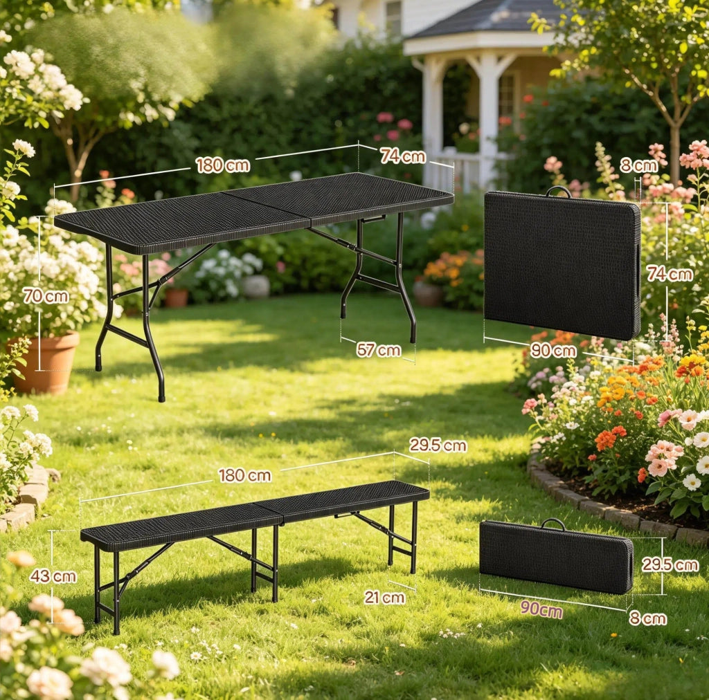 Set birreria pieghevole nero con tavolo 180 cm e 2 panche in HDPE