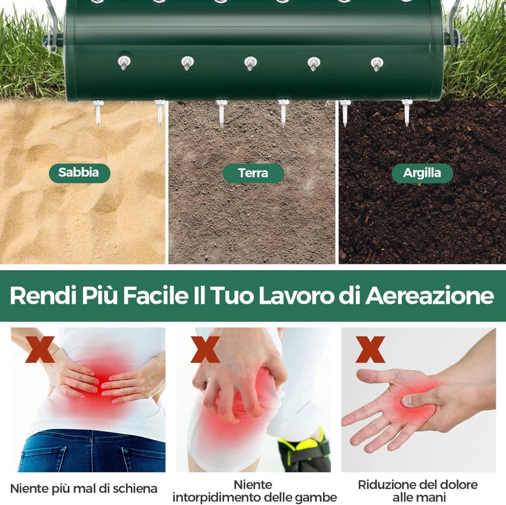 Arieggiatore Giardino 44/53 CM, Arieggiatore da Prato con Manico Rimovibile e Punte per Allentamento del Terreno, Arieggiatore Manuale per Prato, Giardino e Cortile (53 x 130 cm Verde)