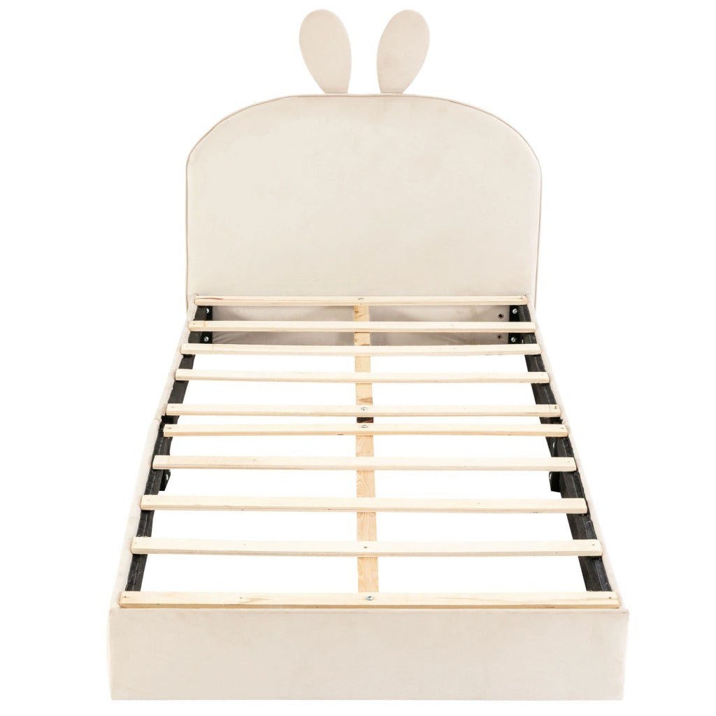 OKWISH Letto Bambini 90×200 cm, Letto Singolo con Testiera Coniglio, Doghe in Legno e Rivestimento, senza Materasso, Beige