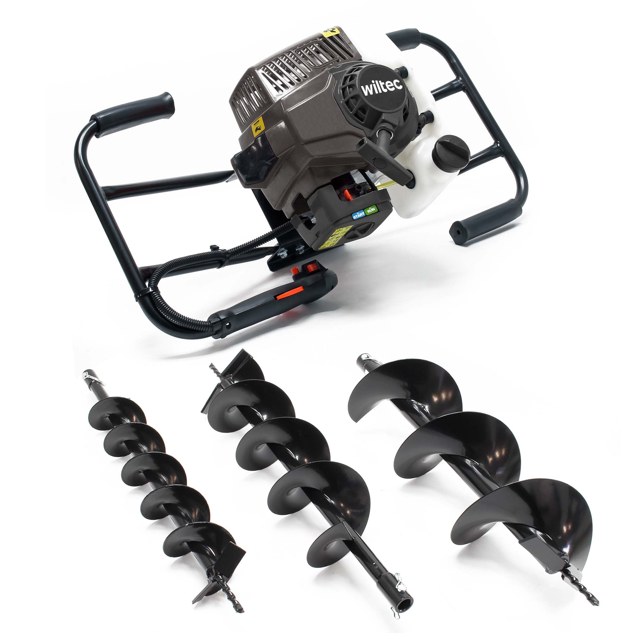 Mototrivella a benzina, motore a 2 tempi di 3 CV e punte elicoidali Ø100mm, 150mm e 200mm, uso 2 persone