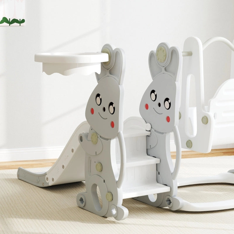 Set giochi 4 in 1 per bambini con scivolo, altalena, struttura da arrampicata e canestro, grigio