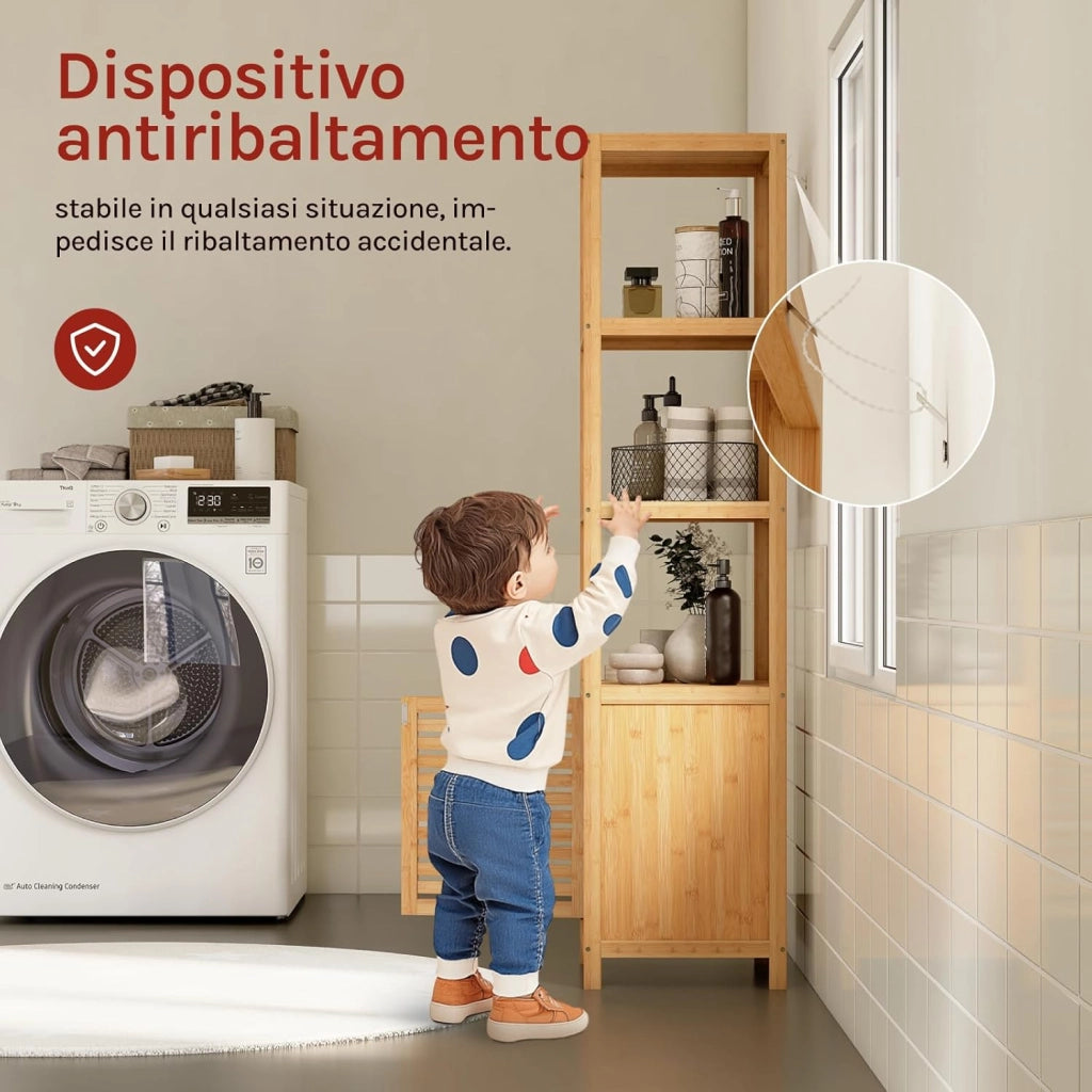 Armadio da Bagno in Bambù, Mobile da Bagno Alto e Stretto con Porta a Battente, 4 Ripiani Aperti, Scaffale Angolare Indipendente, 36x33x140cm