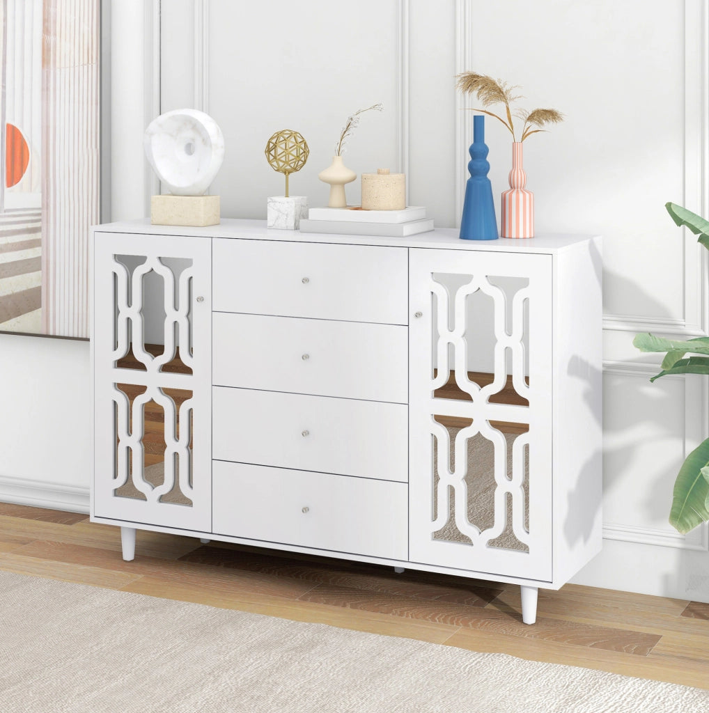 Credenza ULEVR 147x40x102 cm con 2 ante, 4 cassetti e pannelli a specchio, bianca