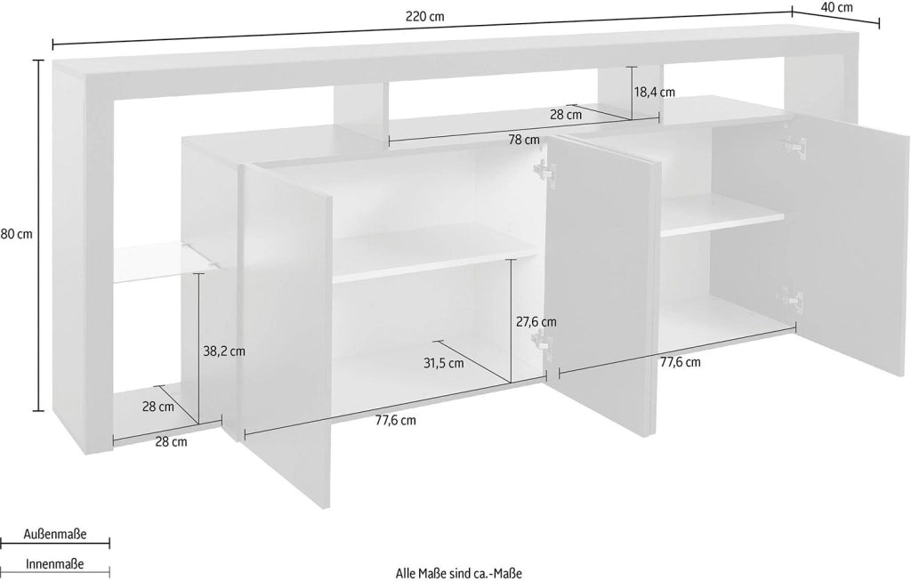 Credenza con 4 Ante e Ripiani in Vetro a Giorno 220x40x80 cm Essential 3A Grigio Antracite Opaco