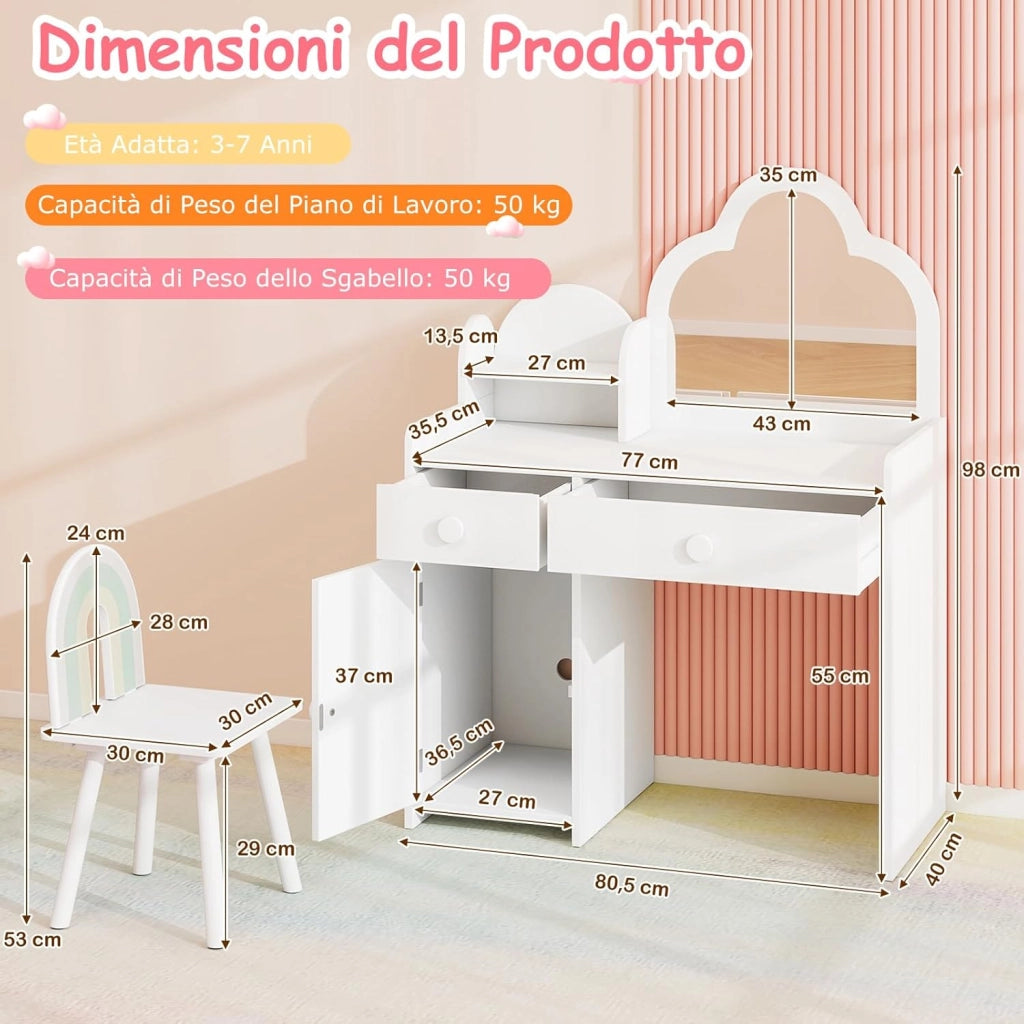 Set Toeletta Trucco per Bambina con Sedia, Tavolo Trucco Specchio a Nuvola Staccabile, Postazione Trucco con Ante e 2 Cassetti, per Bambine 3-7 Anni, Bianco