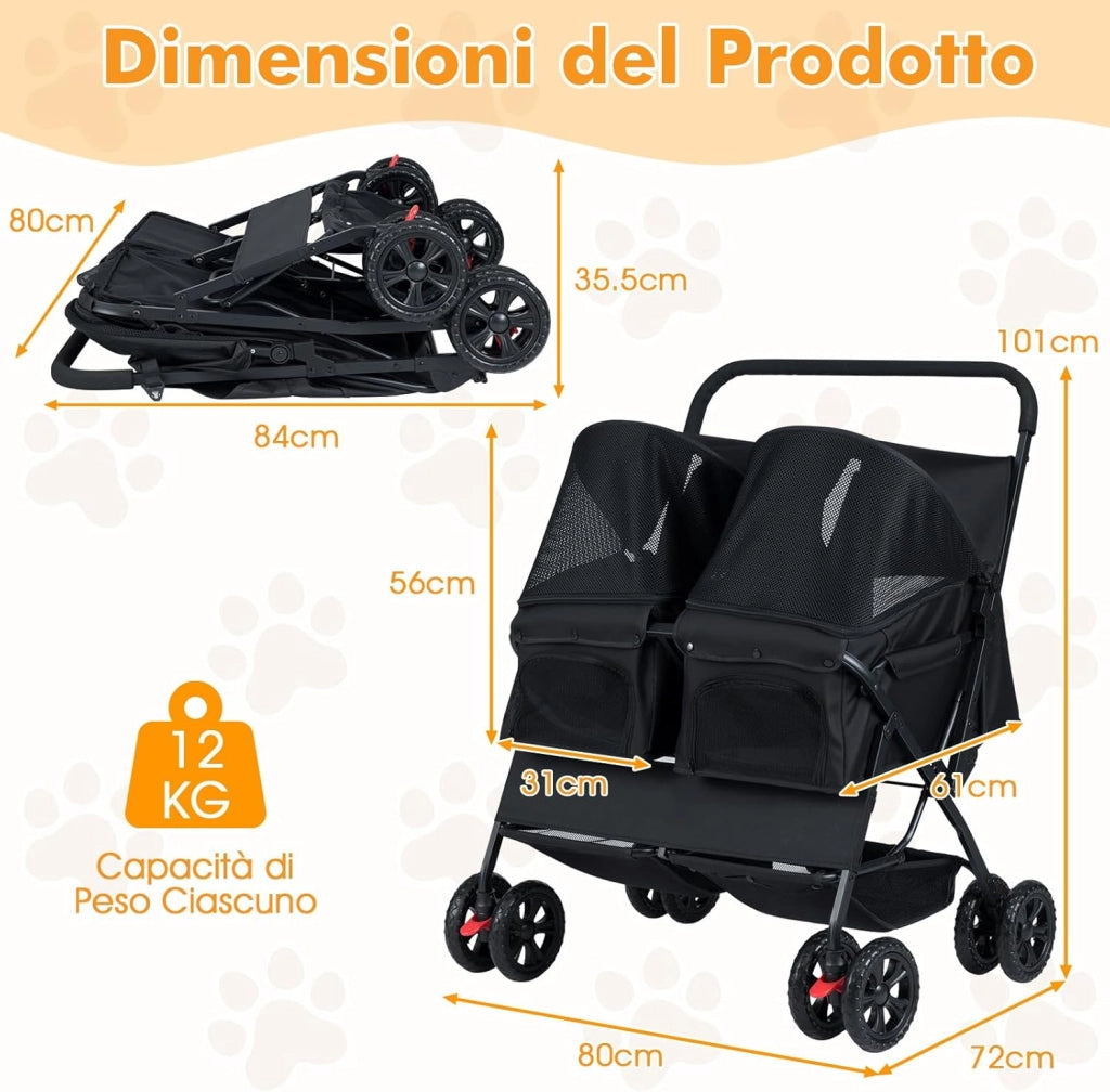 Passeggino Doppio per Cani, Carrozzina Pieghevole a 2 Posti con Tettuccio Regolabile, Cuscino Rimovibile, Cintura di Sicurezza, Cestino e 4 Ruote, Passeggino per 2 Cuccioli e Gatti (Nero)