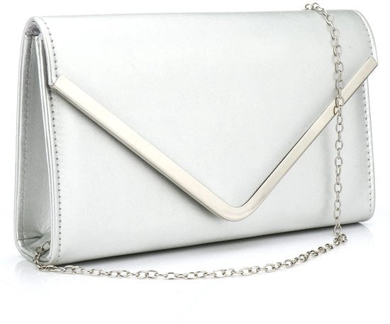 Borsa da sera per donna in imitazione di pelle con catena, chiusura lampo, tasca per portafoglio e borsa per cocktail, argento, unico modello