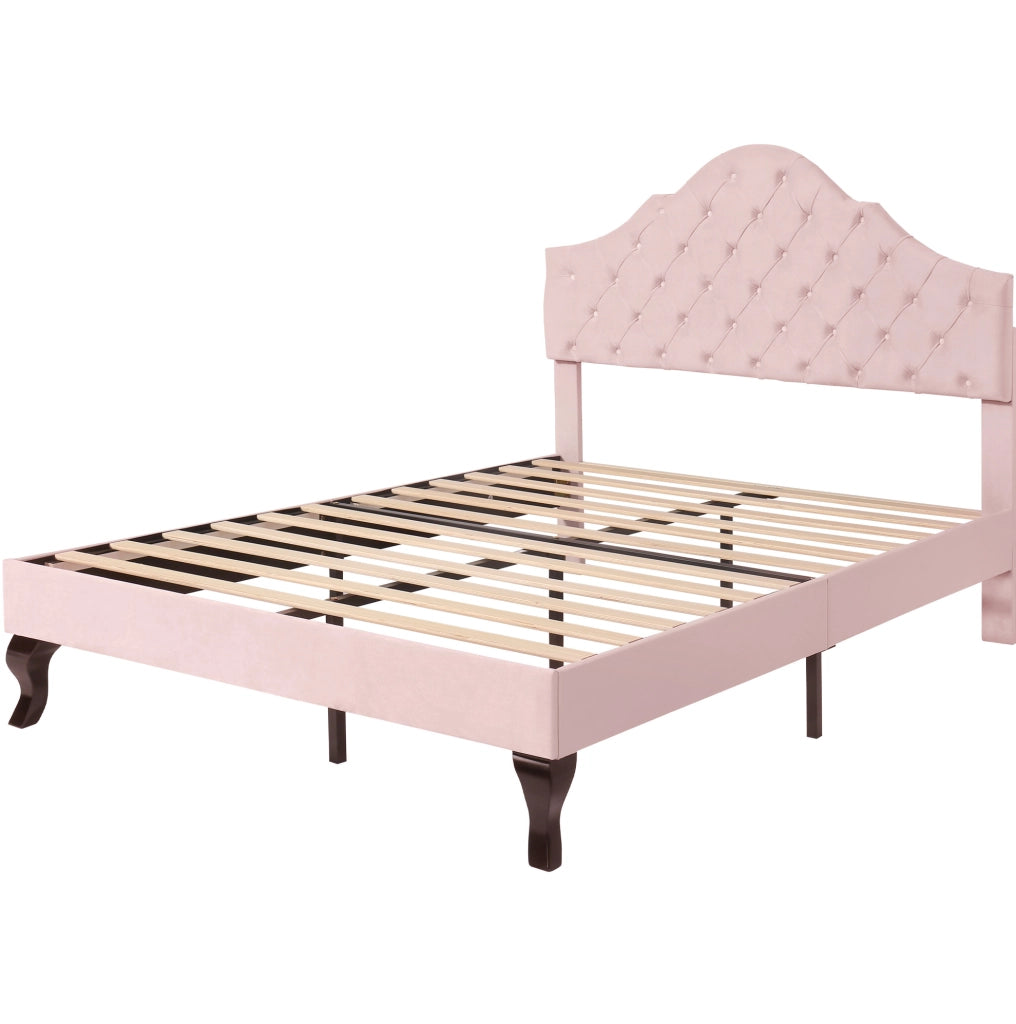 Letto imbottito 140x200 cm in velluto rosa con rete a doghe e testiera regolabile