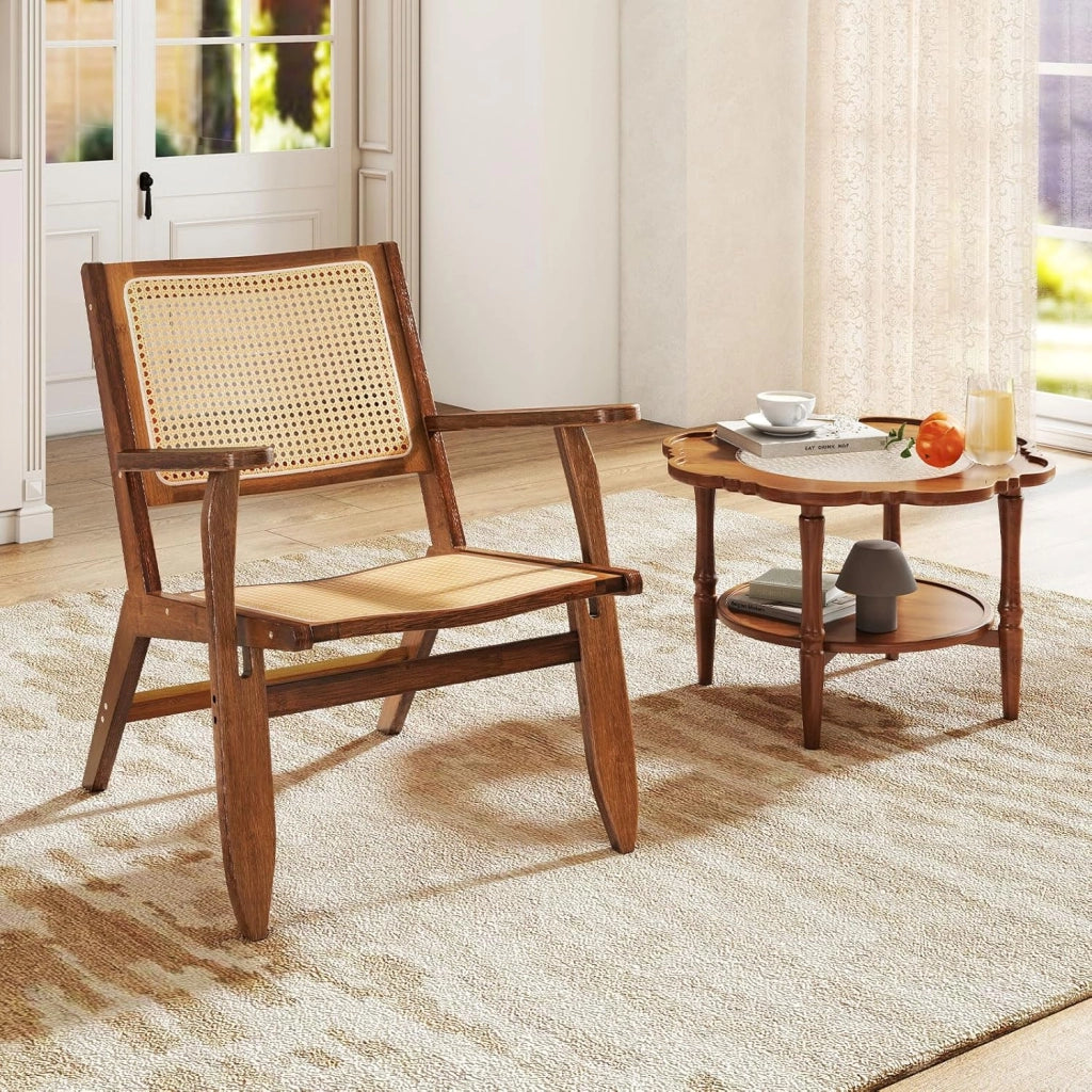 Poltrona Lounge, Poltrona Ergonomica in Rettan e Bambù con Schienale e Braccioli, Portata 150 kg, Sedia Bohemien per Soggiorno, Camera da Letto e Studio