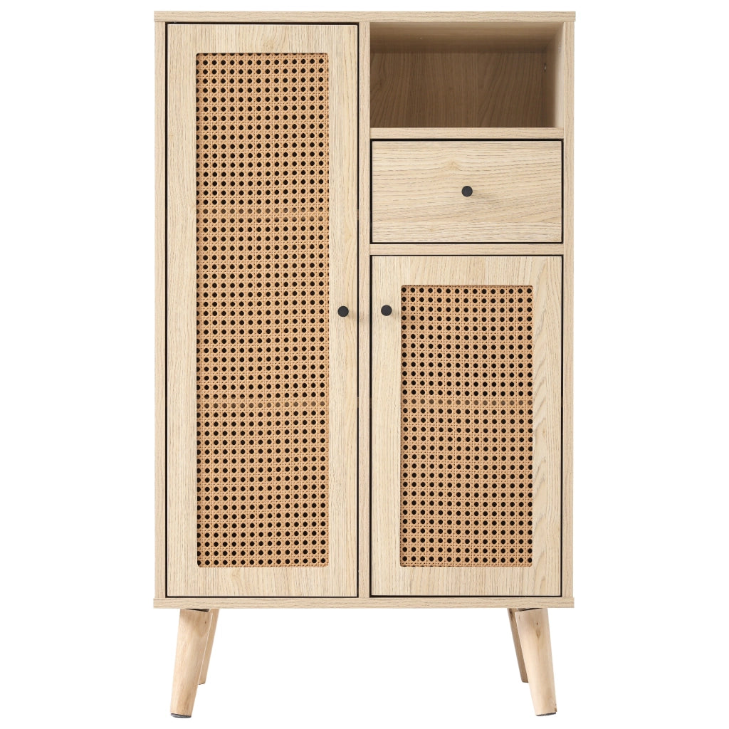 Credenza in effetto legno rovere con 2 ante in rattan e 1 cassetto, 60 x 40 x 101 cm