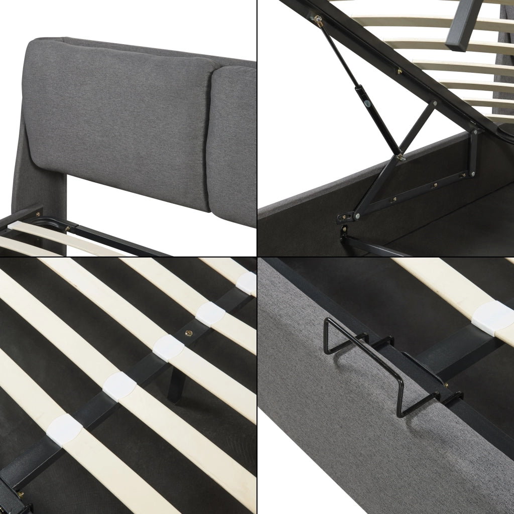 Letto Francese Lunner con Contenitore Testiera Imbottita e Materasso 140 x 200 cm - Grigio Scuro [en.casa]