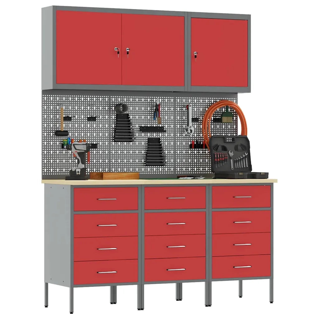 Mobile da lavoro 8 pcs Rosso Legno ingegnerizzato e acciaio 3321435
