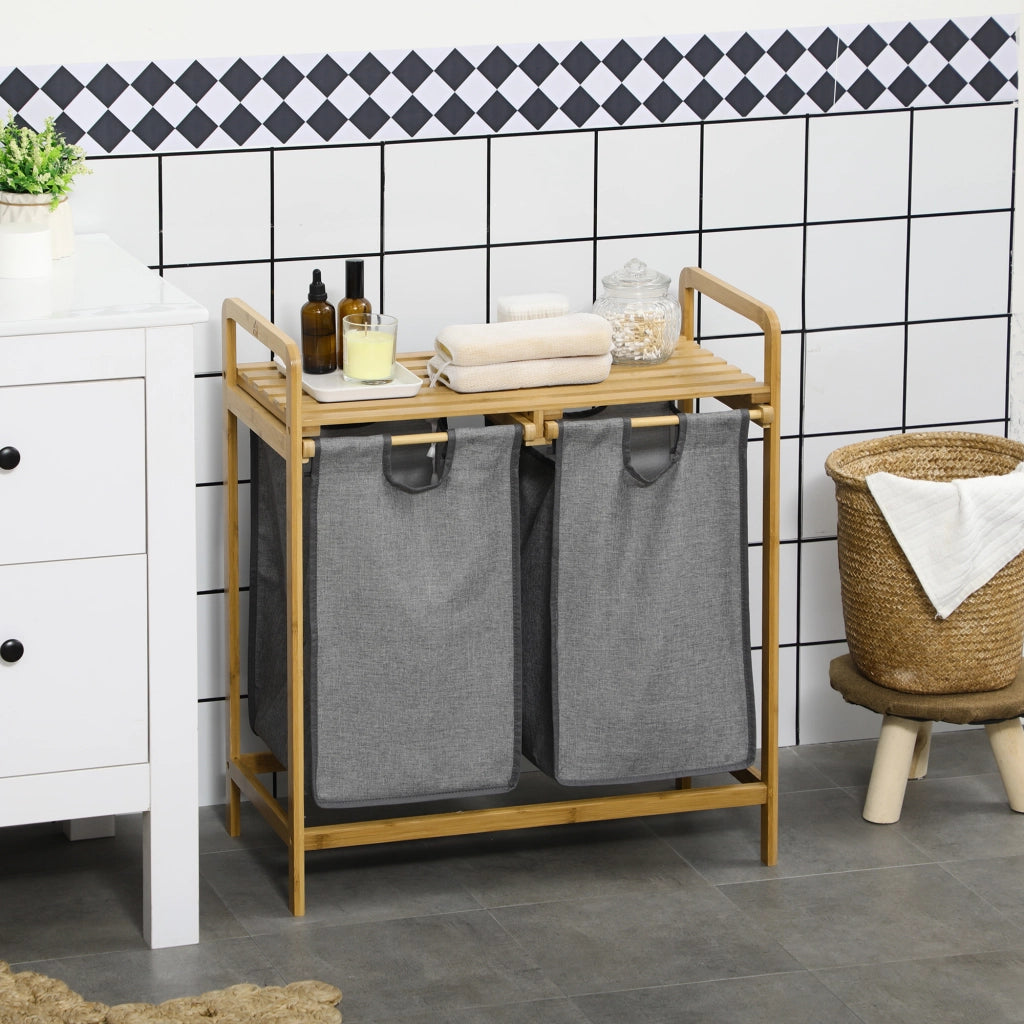 Cestino per il bucato in bamb¨´ con 2 sacchetti e ripiano ¨C Minimal ¨C 63.5x33x73 cm naturale grigio